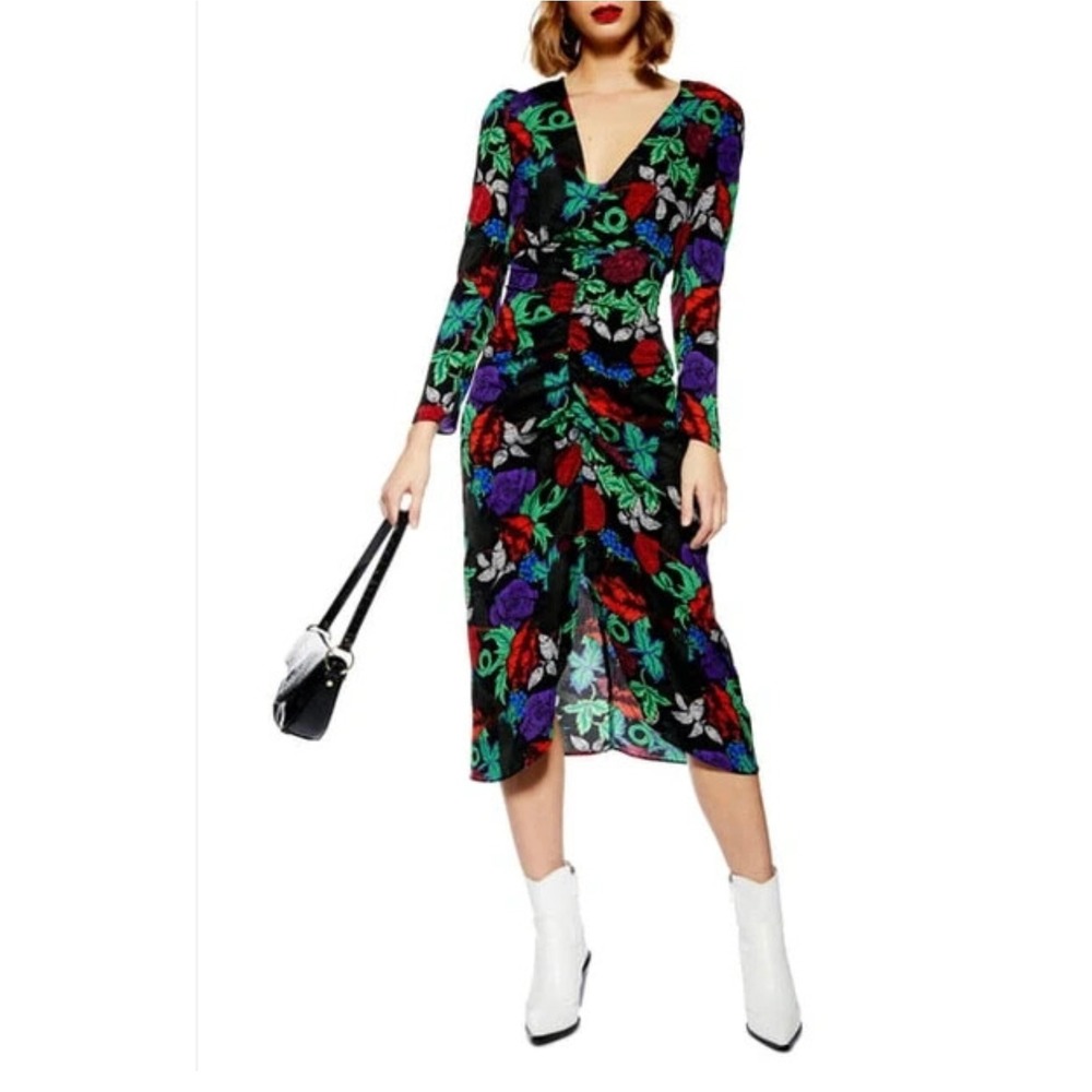 Topshop Floral Print Long Sleeve Midi Dress Ruched V‎ Neck Party